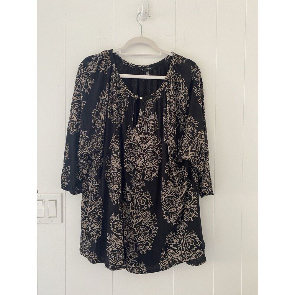 Lucky Brand Blouse Womens 3X Black Beige Print One Button Neck 3/4 Sleeve‎ Top